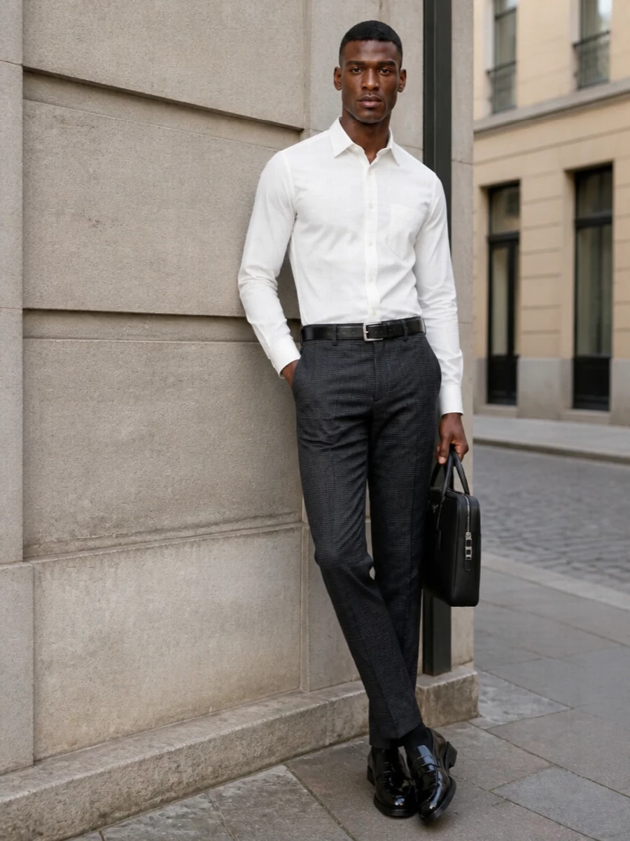 Prada charcoal checked trousers office outfit