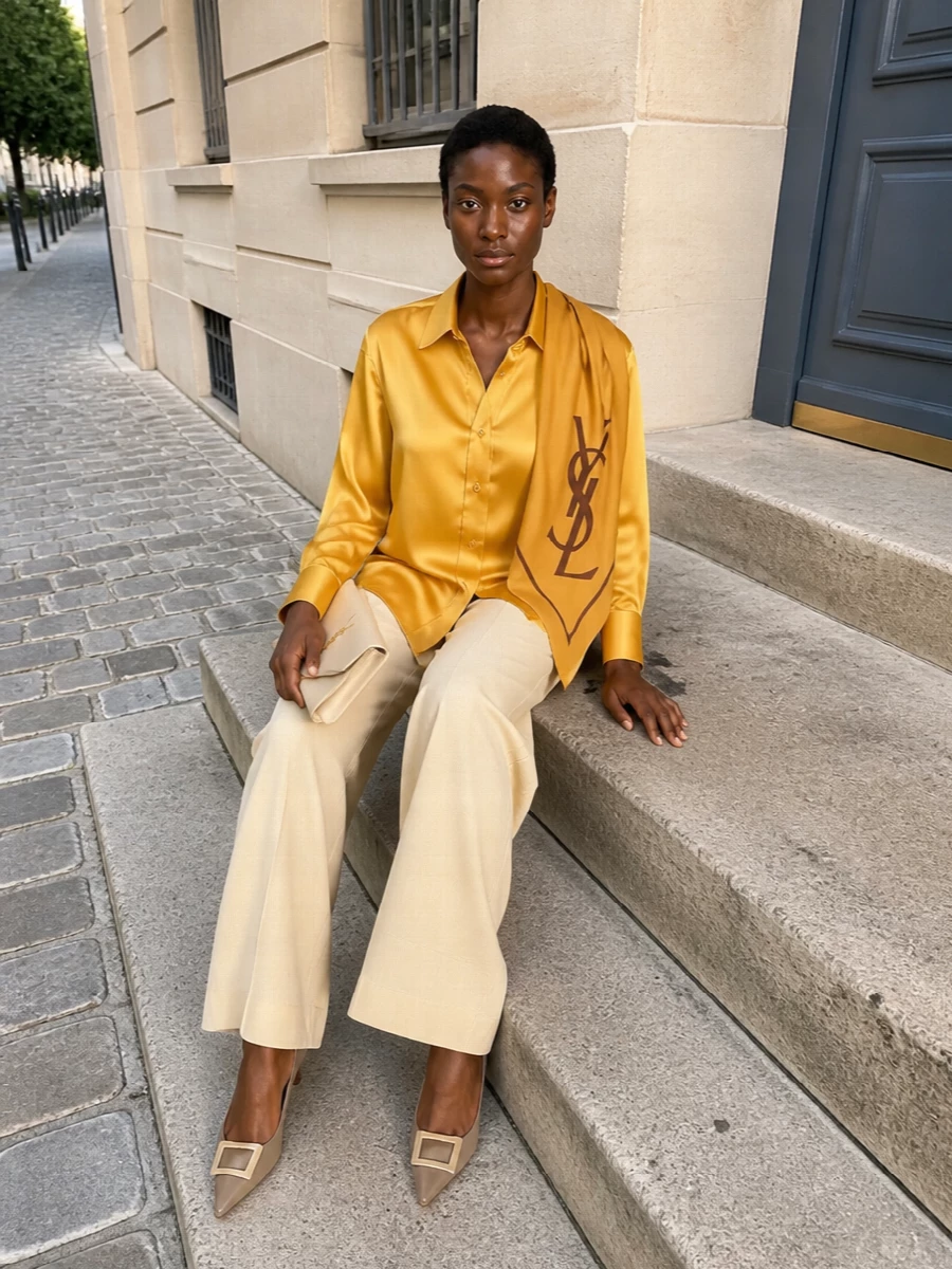 A golden satin shirt meets buttercream wide-leg tailoring for a column of warm light that reads polished and modern. Taupe mid-heel pumps and a cream envelope clutch keep the palette hushed and refined, letting proportion and texture do the work. The result is gallery-dinner ready, relaxed in cut but impeccably considered in tone.