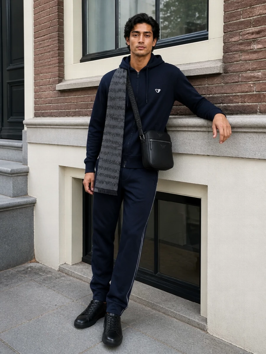 A deep navy hoodie and matching-toned track pants create a streamlined, sport-informed set that feels calm and put together rather than loungey. Black minimalist sneakers keep the line sleek from hem to pavement, while a compact crossbody and tonal logo scarf add just enough structure and detail for city movement or long-haul travel.