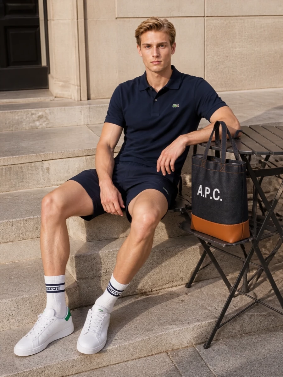 Lacoste navy polo adidas white sneakers outfit