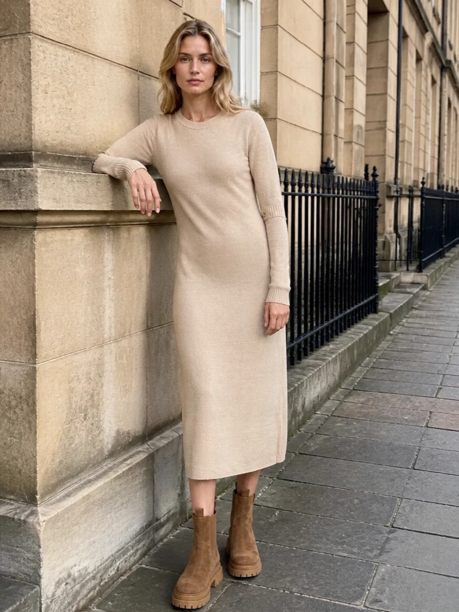 A long, pared-back Lemaire knit dress and the Chloé canvas tote create a soft column of neutrals that feels relaxed yet thoughtful. Chunky camel Chelsea boots break the softness just enough, adding city practicality without disturbing the quiet palette. Choosing the dress route over separates keeps the silhouette minimal and fluid, perfectly in step with the bag’s understated ease.