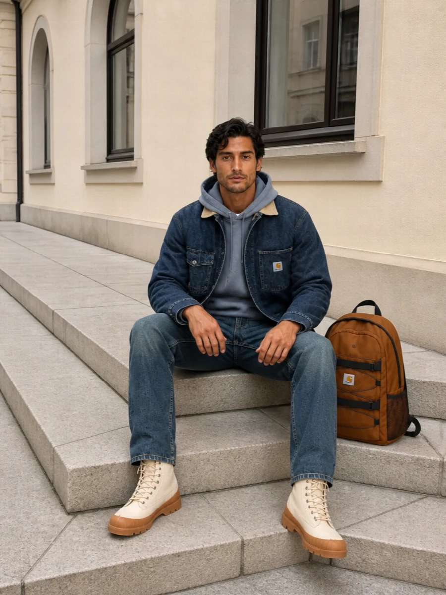 Carhartt wip denim chore jacket outfit boots