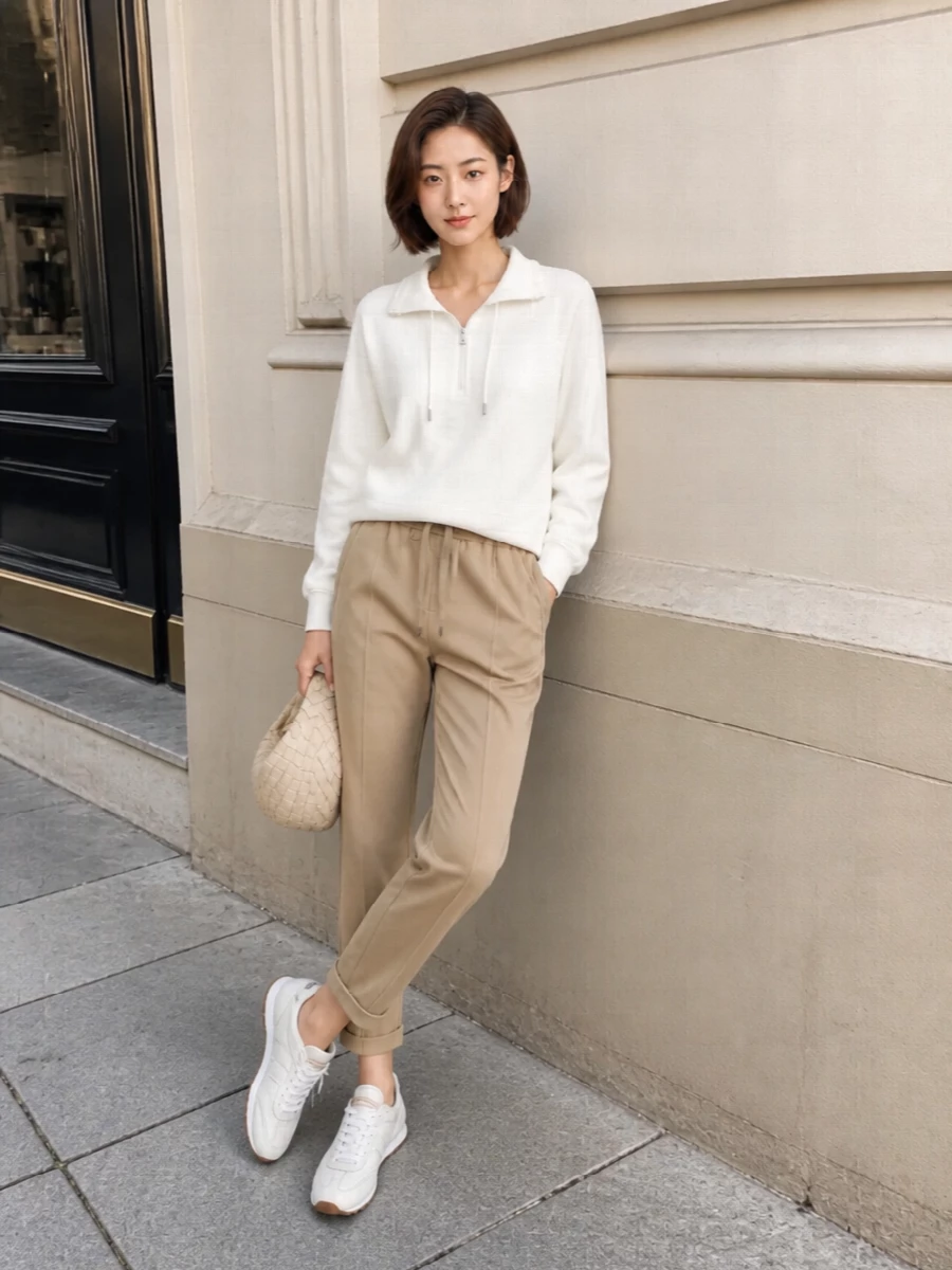 A soft ivory zip-neck sweatshirt is grounded with sand-beige tapered track pants for a perfectly judged, sport-luxe take on quiet luxury. Sleek soft-white runners keep the line clean and athletic, while the warm-cream intrecciato mini hobo adds just enough tactile richness to make the off-duty palette feel impeccably polished and intentional. The result is relaxed but highly refined, ideal for travel, city errands or an understated lunch date in spring-summer light.