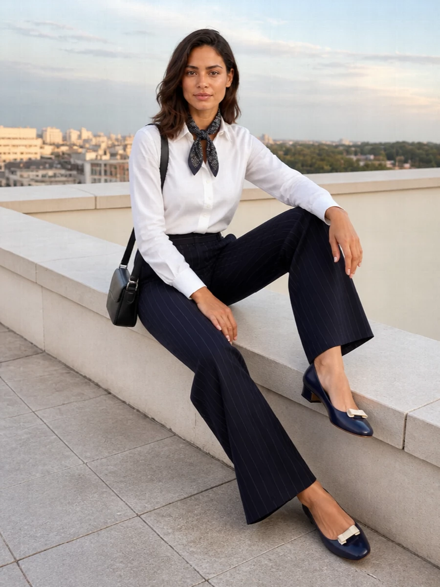 Inky pinstripe trousers and a sharp white shirt set a clean, modern foundation for focused days in the office. Navy pumps in the same deep tone keep the line uninterrupted while a compact black crossbody and discreet printed scarf add just enough depth to feel considered without noise. The result is a long, leggy silhouette that feels quietly confident from morning meetings through late appointments.