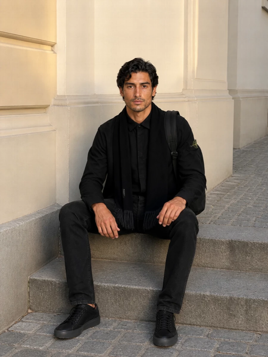 Stone island black shirt washed black jeans outfit