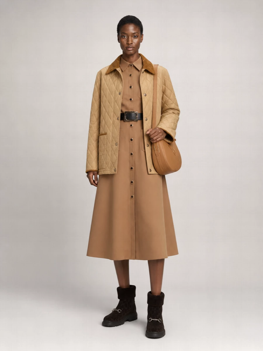 I chose the dress route so the Burberry jacket can sit as a true outer layer over one clean, structured base, rather than fighting a blazer-and-trouser stack. The camel Self-Portrait shirt dress, chocolate Gucci shearling boots and camel Longchamp saddle bag build a warm, countryside-meets-city uniform that feels quietly polished, practical and just nostalgic enough. Together they hit that sweet spot between heritage preppy and modern ease, ready for cold-weather errands, travel days and relaxed client coffees.