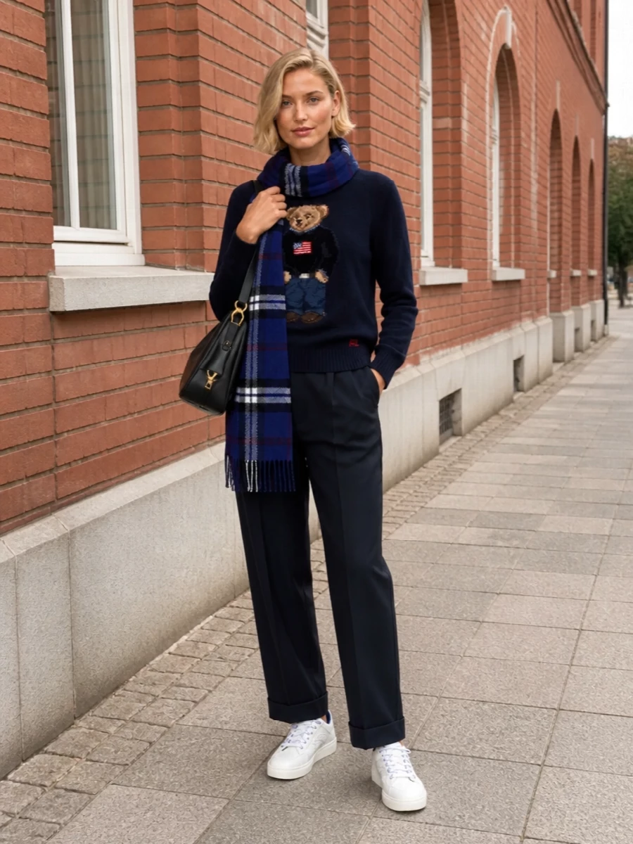 Polo ralph lauren bear sweater navy trousers outfit