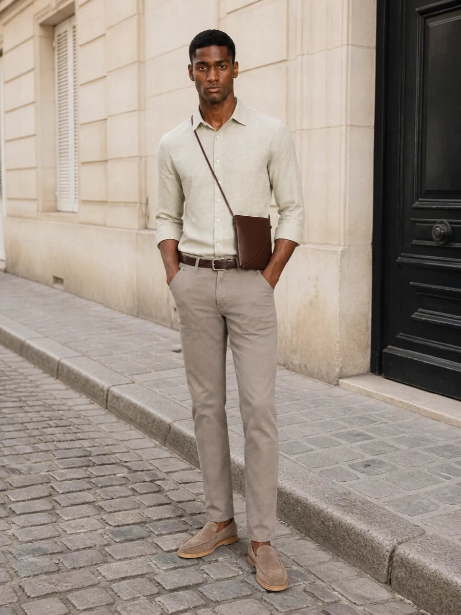 Taupe Jacob Cohen trousers and the muted sage-beige linen shirt create a calm, tonal base that reads relaxed but clearly considered. Taupe suede Tod’s loafers keep the line sleek without feeling formal, while the chocolate Celine crossbody and dark brown belt add just enough depth to sharpen the neutrals for city days and understated dinners.