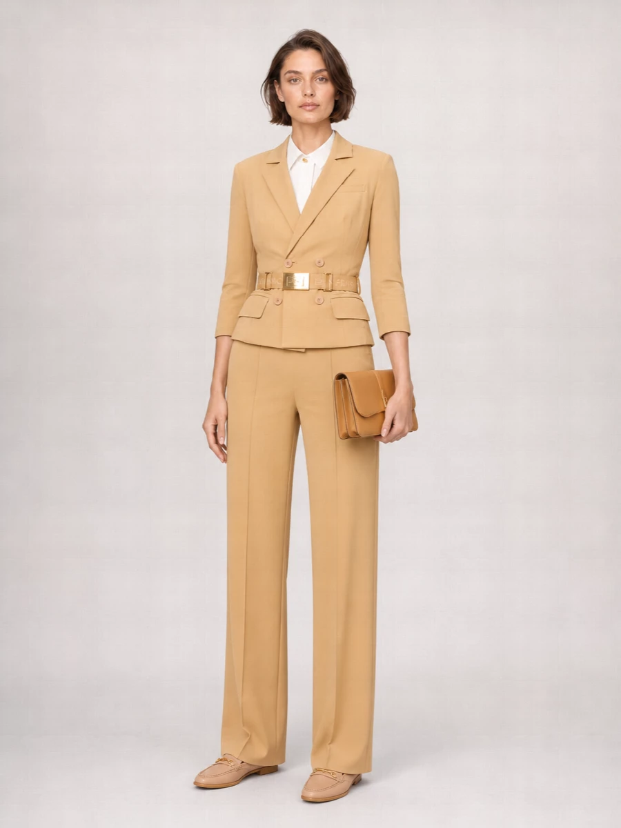 A camel tailored suit is quietly sharpened with a cinched waist and nude loafers, keeping the palette warm and uninterrupted from head to toe. The high-rise, wide-leg trouser pairs with the fitted blazer to balance length and structure, while a slim camel flap bag and fine tan belt finish the ensemble with discreet, boardroom-ready polish.