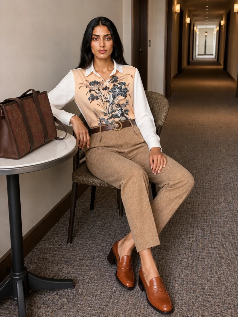 Etro camel trousers silk shirt tods loafers