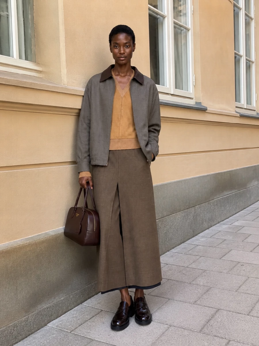 Prada harrington jacket camel trousers outfit