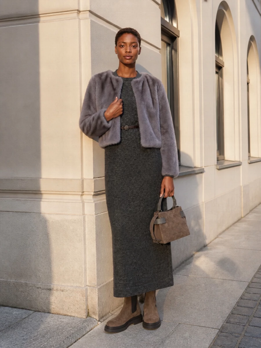 Brunello cucinelli faux fur coat knit maxi dress