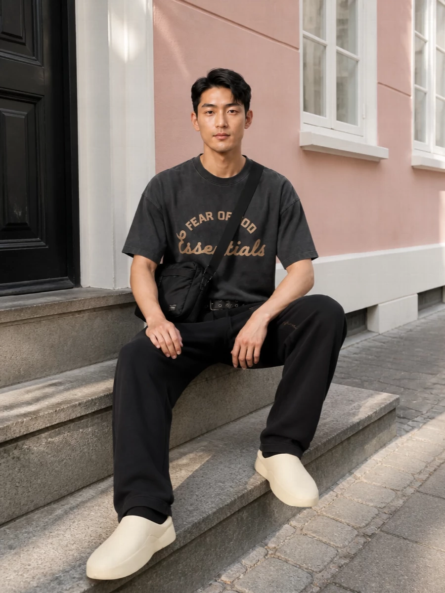 Fear of god essentials black pant outfit mules
