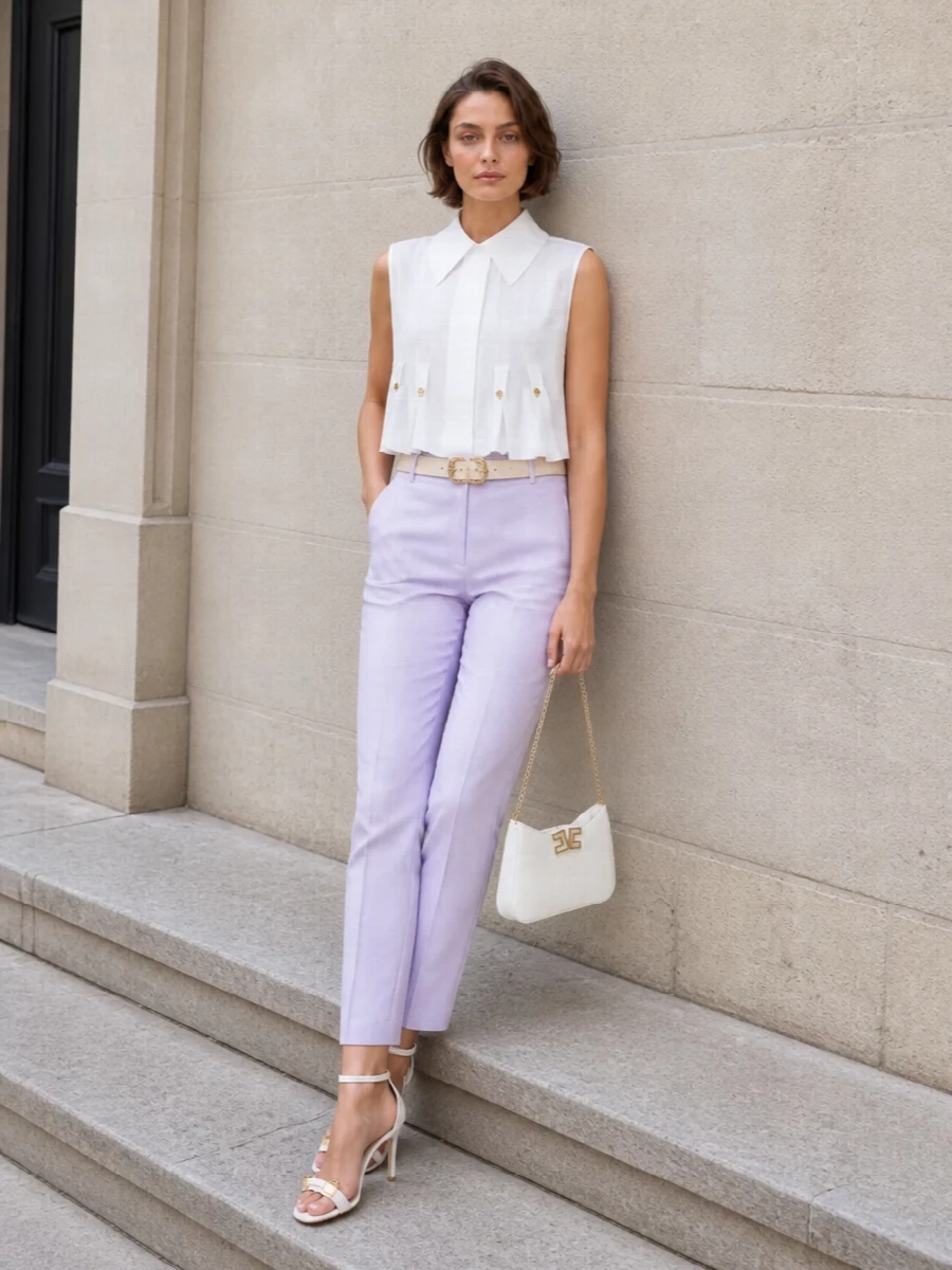 Elisabetta franchi lilac trousers white blouse outfit