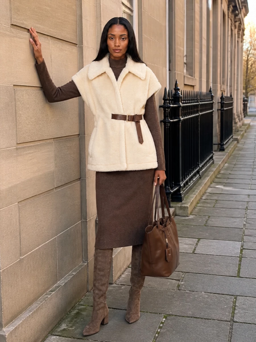 Max mara shearling gilet knit midi dress outfit