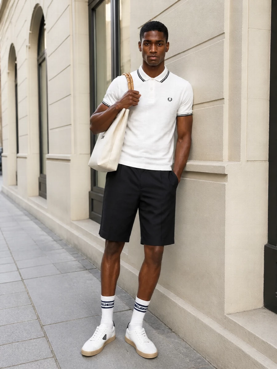Comme des garcons polo black shorts outfit