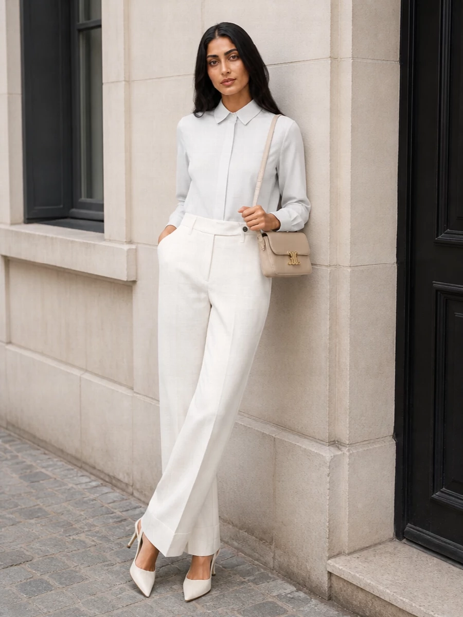 High-waisted off-white wide-leg trousers are paired with an impeccably clean concealed-placket white shirt for a tonal, elongated line that feels both effortless and boardroom-ready. Cream slingback stilettos sharpen the silhouette and add subtle height, while a small structured beige Celine shoulder bag in warm tones finishes the look with discreet, impeccably polished sophistication. The result is a hushed, modern SS tailoring ensemble that moves seamlessly from daytime meetings to terrace dinners.