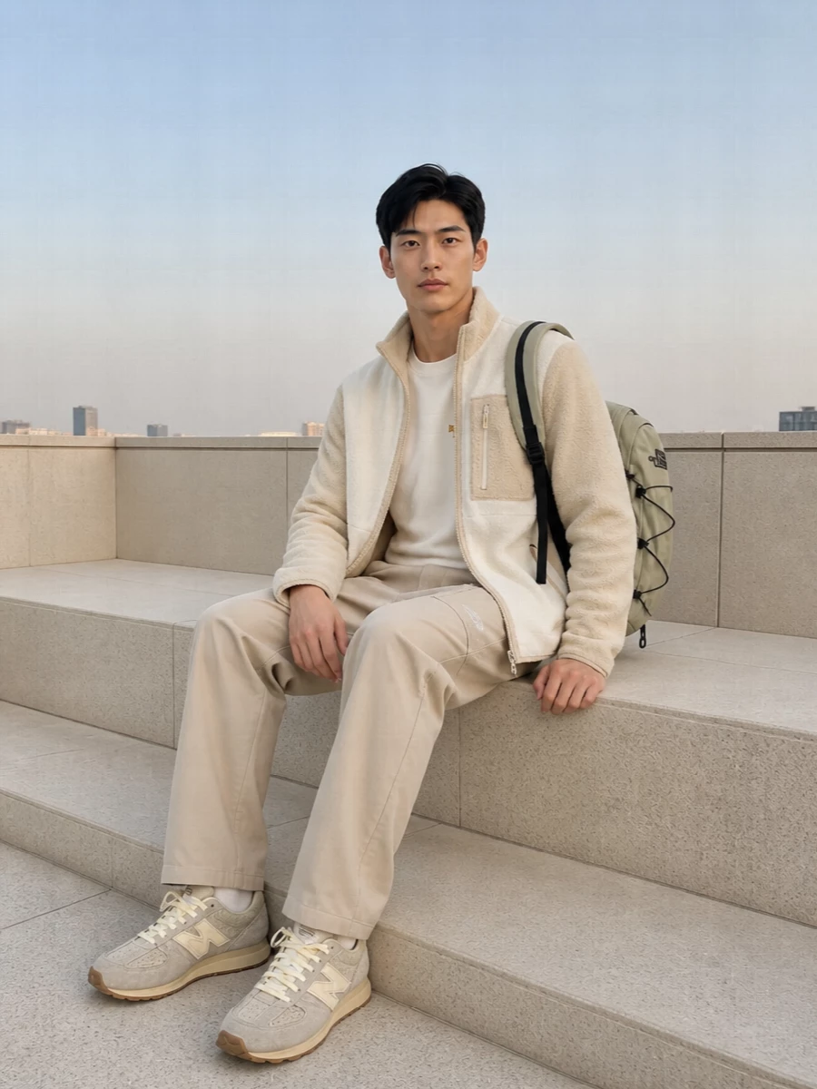 North face fleece beige pants new balance outfit