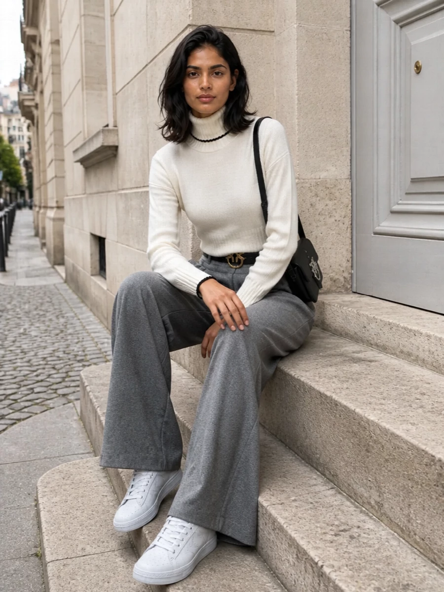Soft ivory and heather grey keep this wide-leg knit trouser outfit calm and deliberate, with the contrast-trim turtleneck echoing the clean lines of the pants. Grey designer sneakers ground the volume with a low, streamlined base, while the structured black crossbody and slim bird-buckle belt add just enough polish for city days that run long.