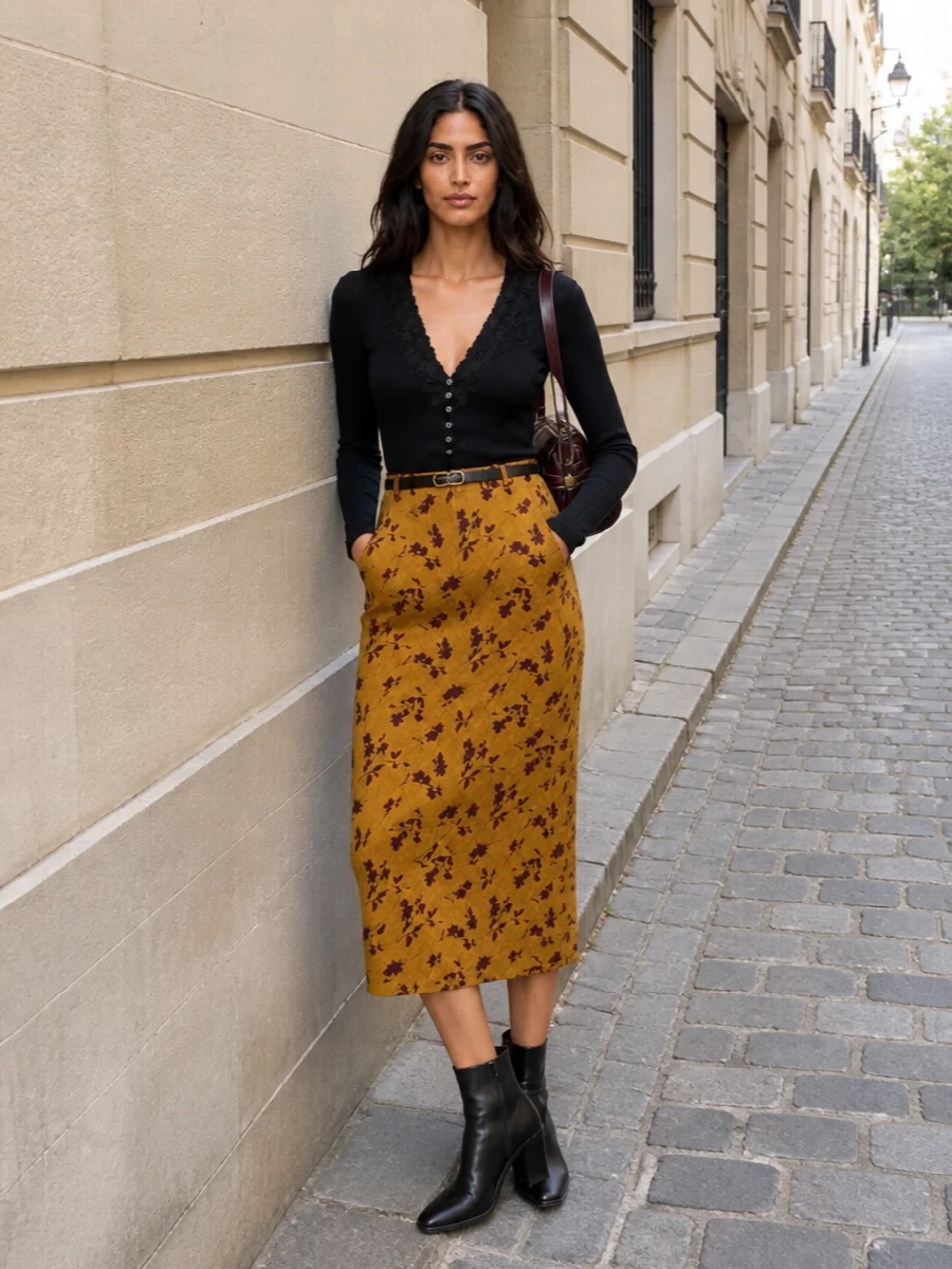 Dries van noten floral midi skirt black knit outfit