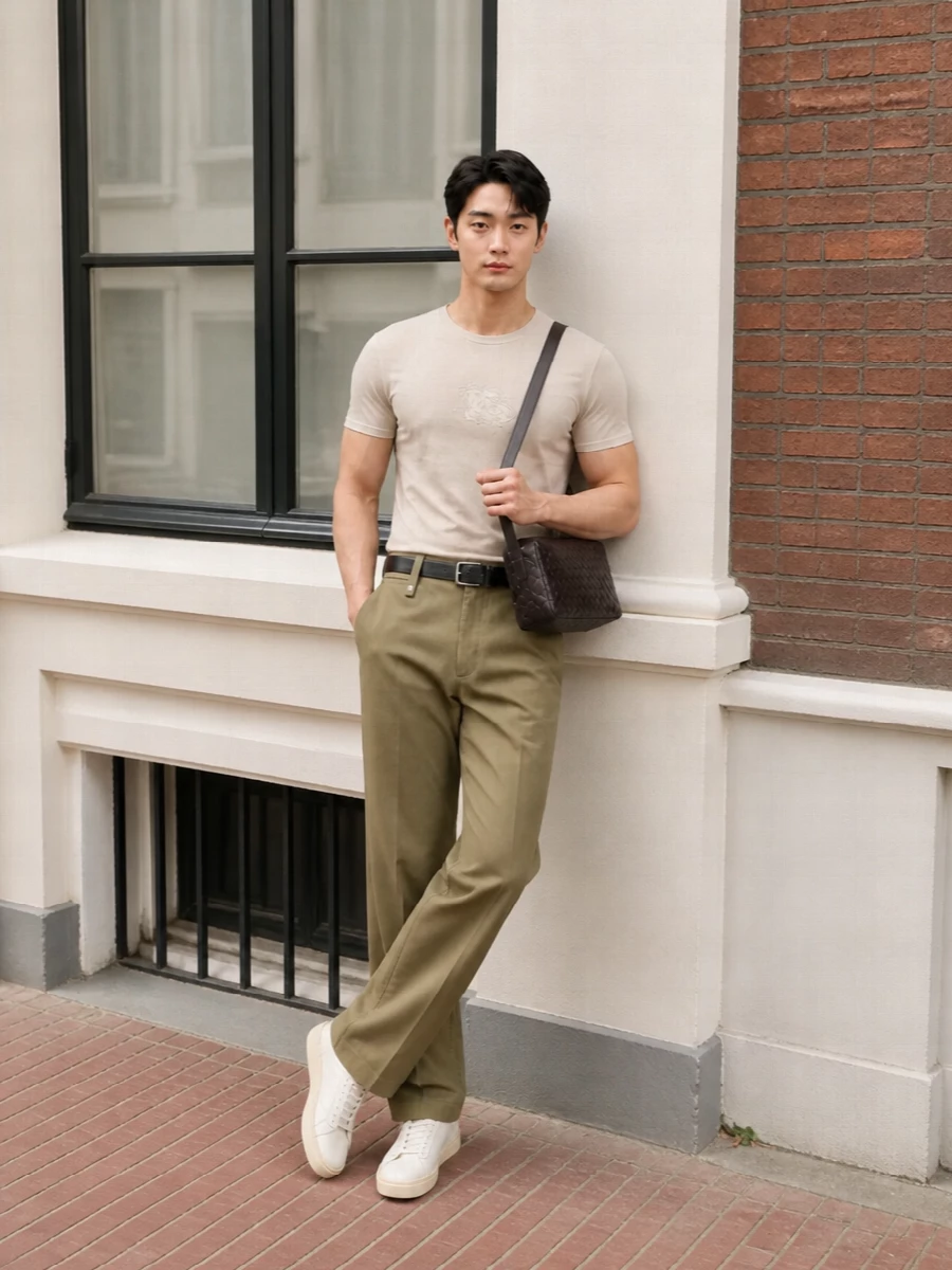 This look leans into quiet luxury with a light beige Burberry tee paired to muted khaki tailored trousers for a clean, tonal foundation. Off-white Brunello Cucinelli sneakers keep the silhouette relaxed yet refined, while a deep espresso Bottega crossbody and a slim black belt introduce just enough contrast and structure for an elevated, everyday FW uniform.