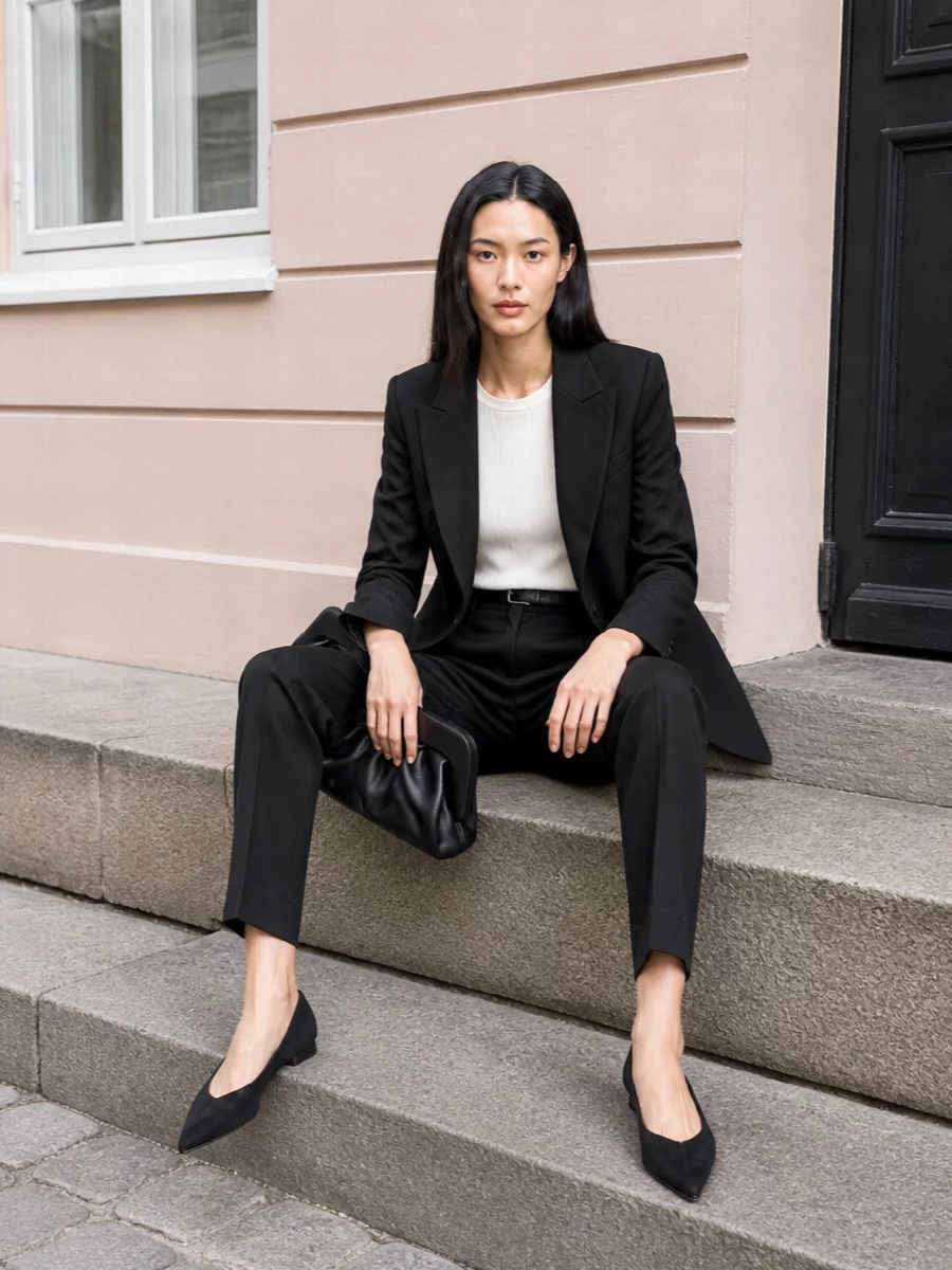 A head-to-toe black tailoring story keeps the focus on proportion, with the longline blazer and tapered pleated trouser creating a clean, elongated column. The pointed flat, sculptural clutch and slim belt add just enough structure and texture to feel considered without disturbing the quiet, boardroom-to-dinner ease. This is polished minimalism that reads confident and precise from every angle.