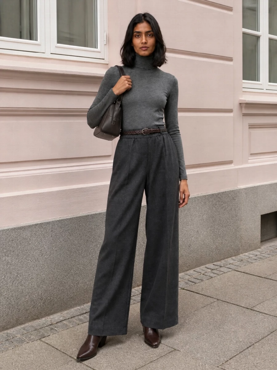 Brunello cucinelli charcoal wide leg trousers outfit