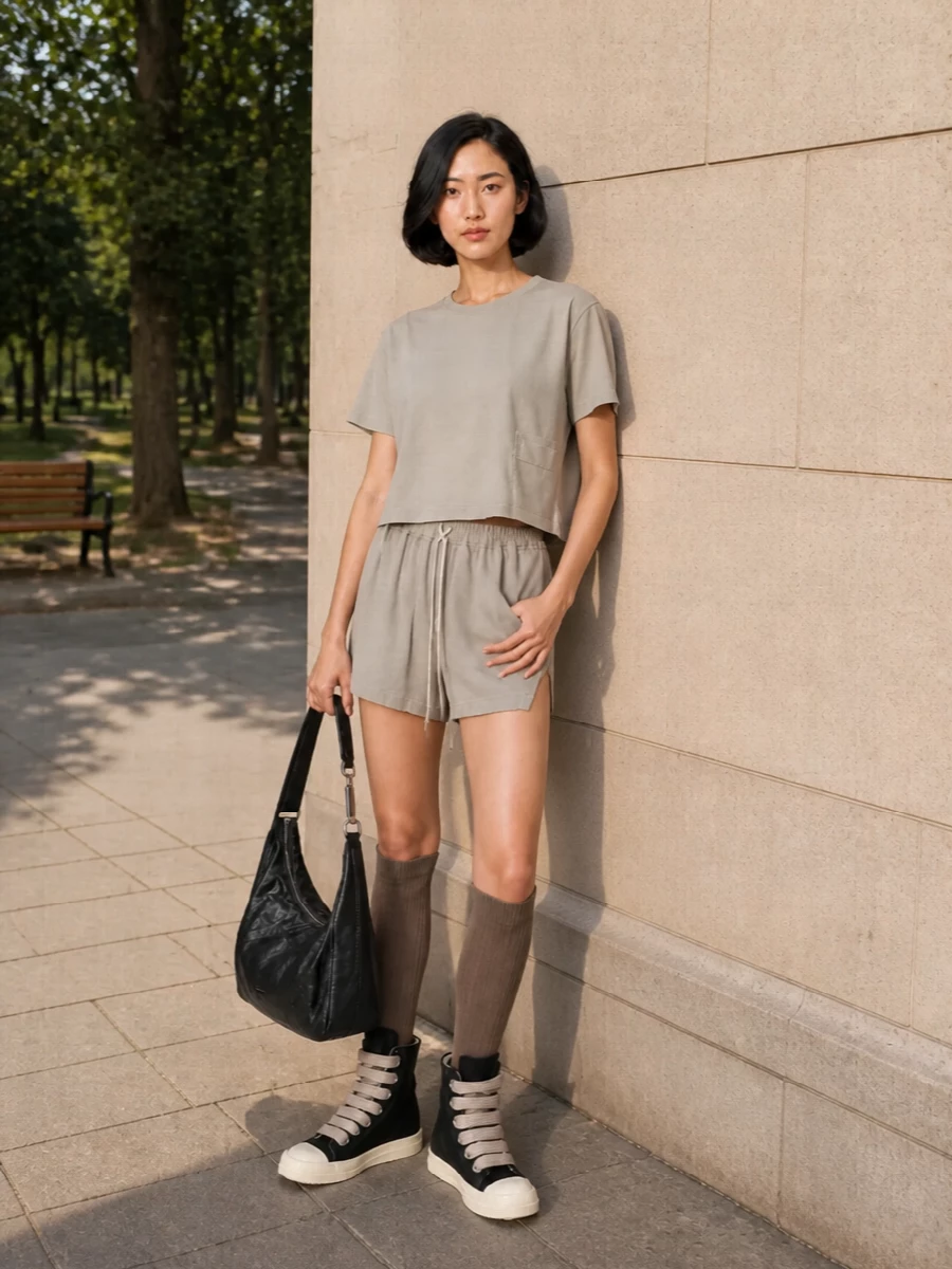 Rick owens drkshdw cropped tee taupe shorts high tops
