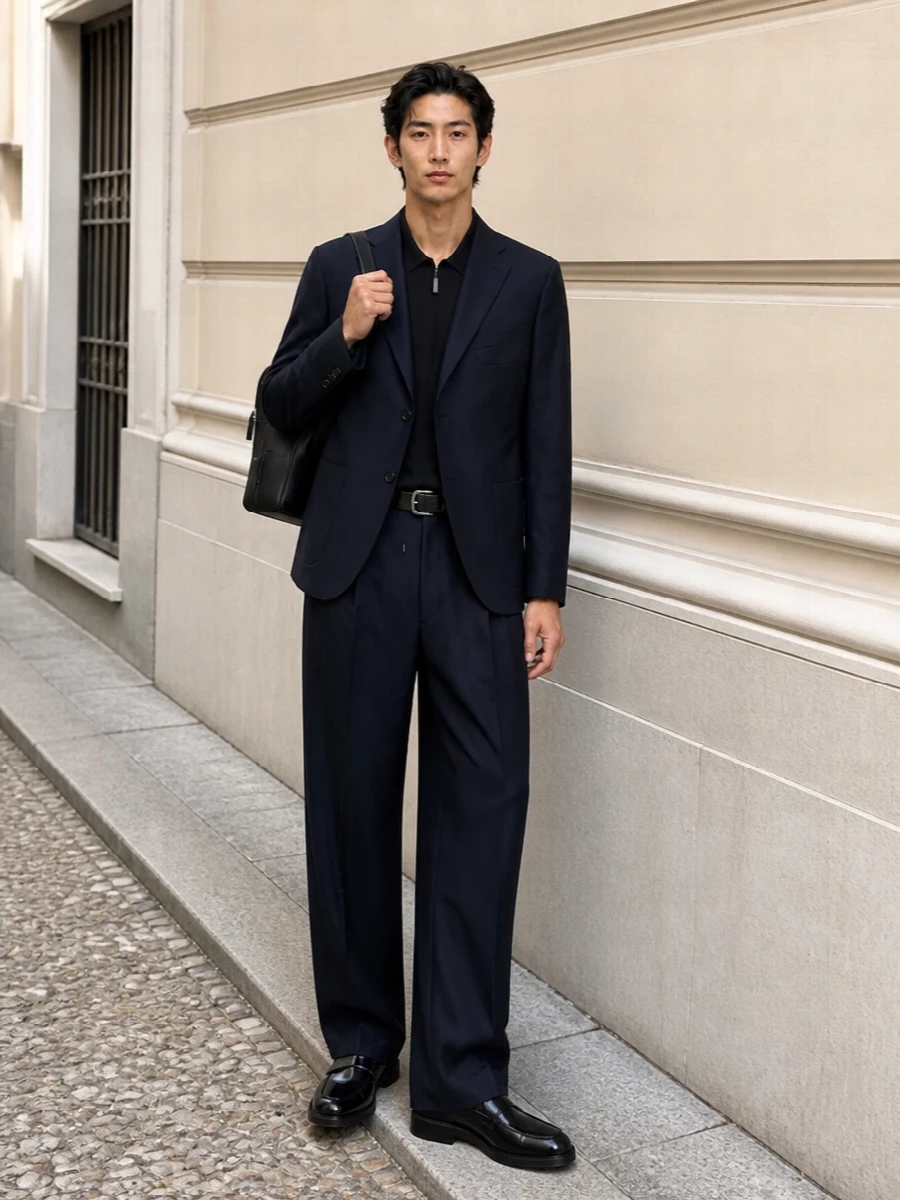 Giorgio armani navy suit prada black loafers