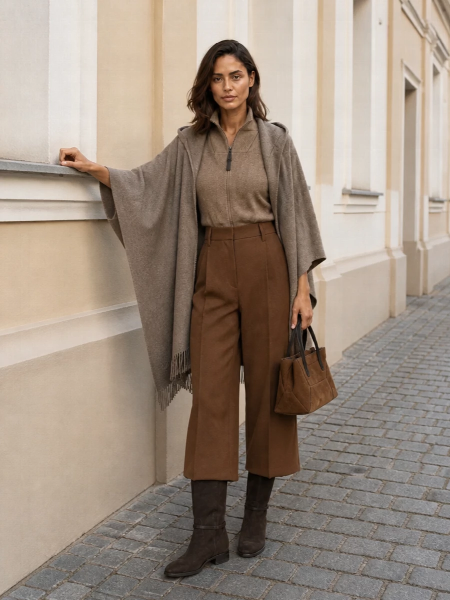 Brunello cucinelli camel vest wide leg trousers outfit