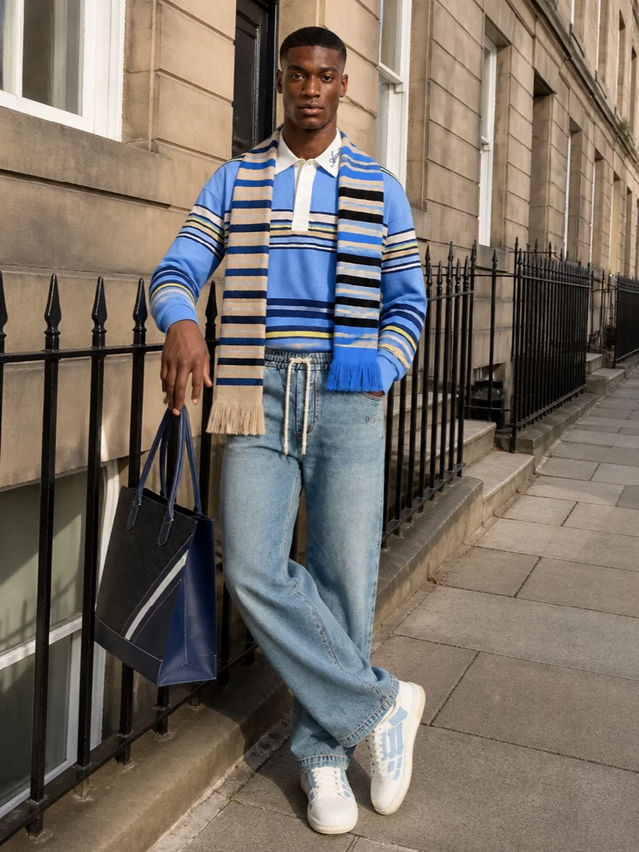 Amiri rugby shirt denim jogger sneakers outfit