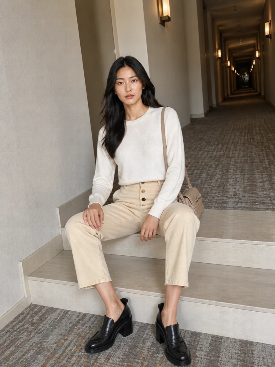 Moschino ivory sweater beige cropped trousers outfit
