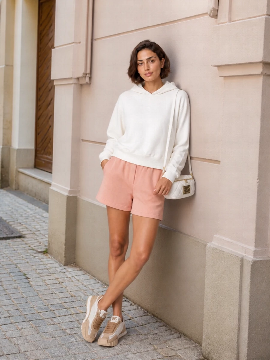 Dolce gabbana ivory hoodie peach shorts outfit