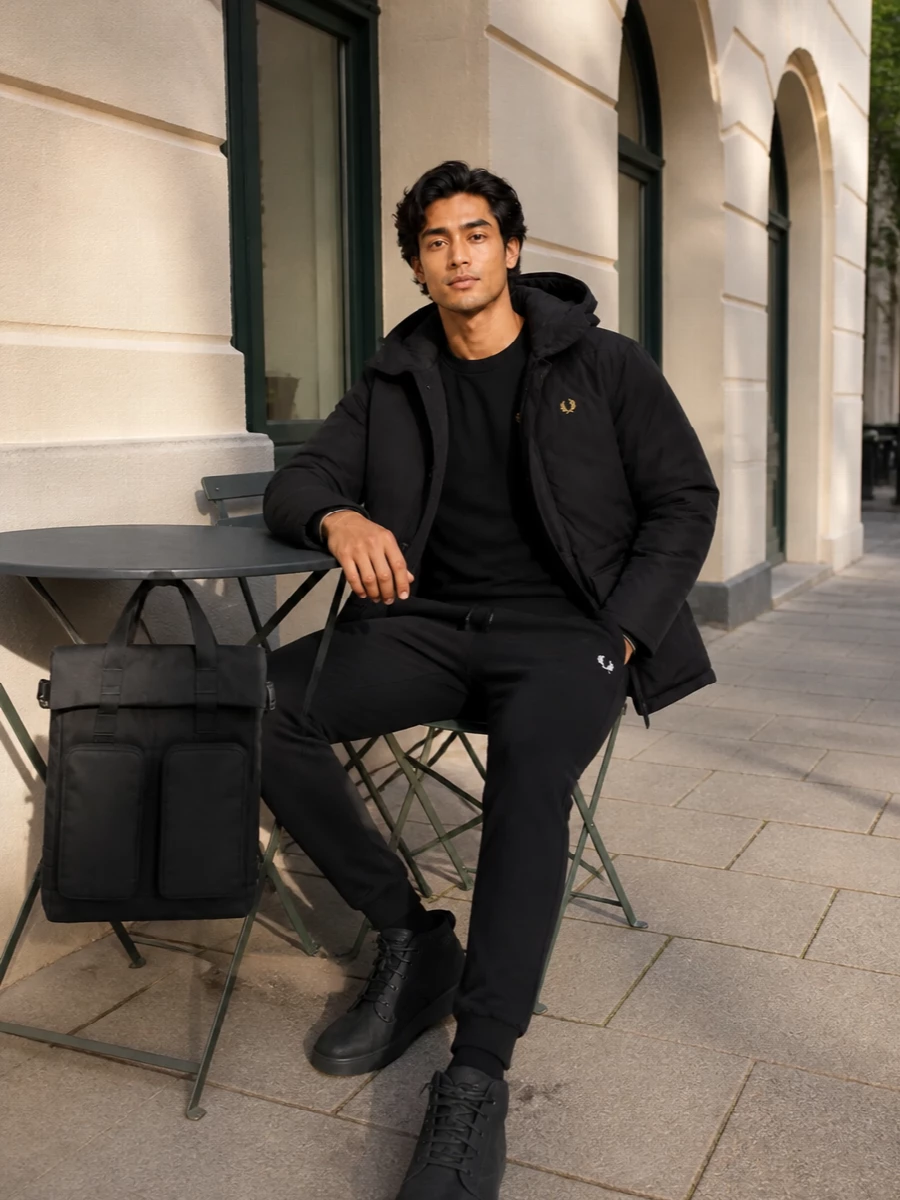 Fred perry parka black joggers winter boots