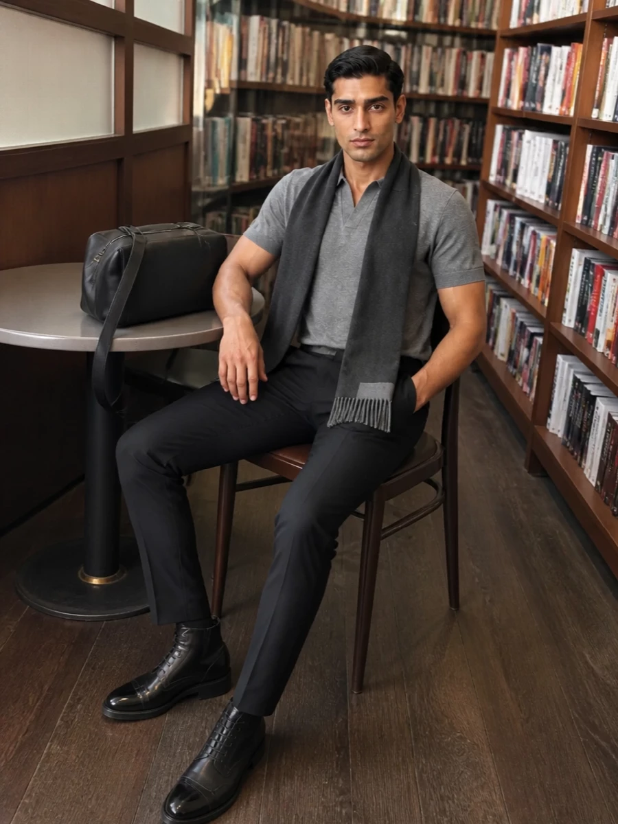 Mcqueen grey knit polo black tailored trousers