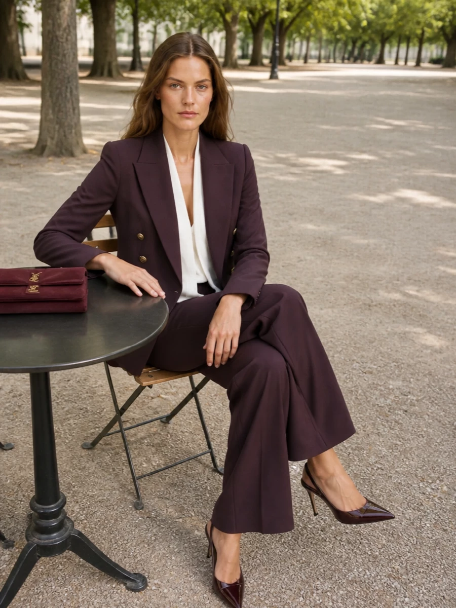 I am building around the blazer as a tailored suit, not a dress, because the tonal plum pairing reads more modern and intentional than introducing a competing black mini. The matching wide-leg trouser keeps the line long and statuesque, while the ivory blouse brings light to the face and a romantic counterpoint to all the structure. Burgundy patent heels and a tonal clutch finish the story in a single, rich color family, letting the gold hardware and sharp tailoring do the talking for evening dinners or cocktail clients.
