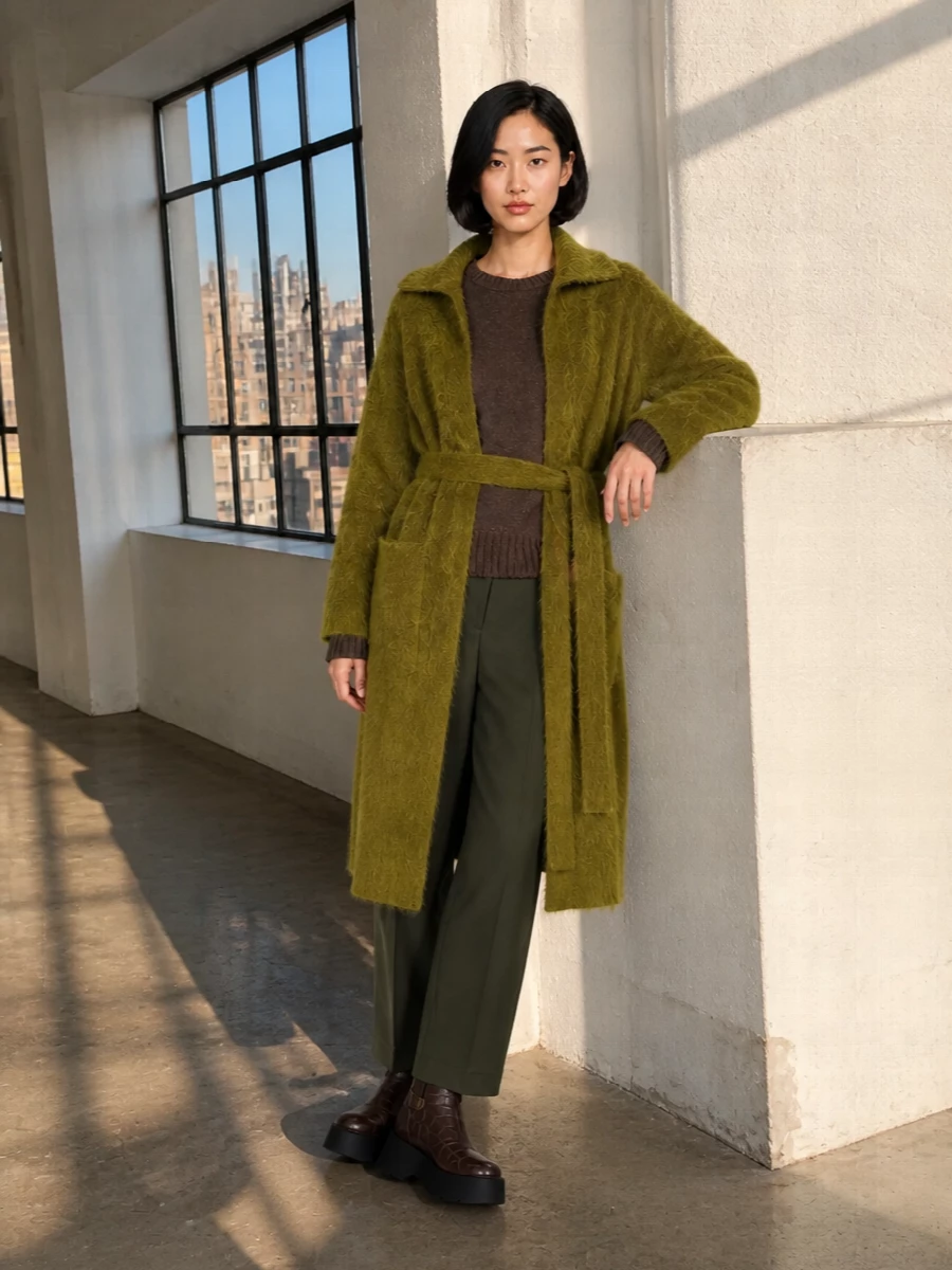 Ganni moss coat brown knit olive trousers outfit