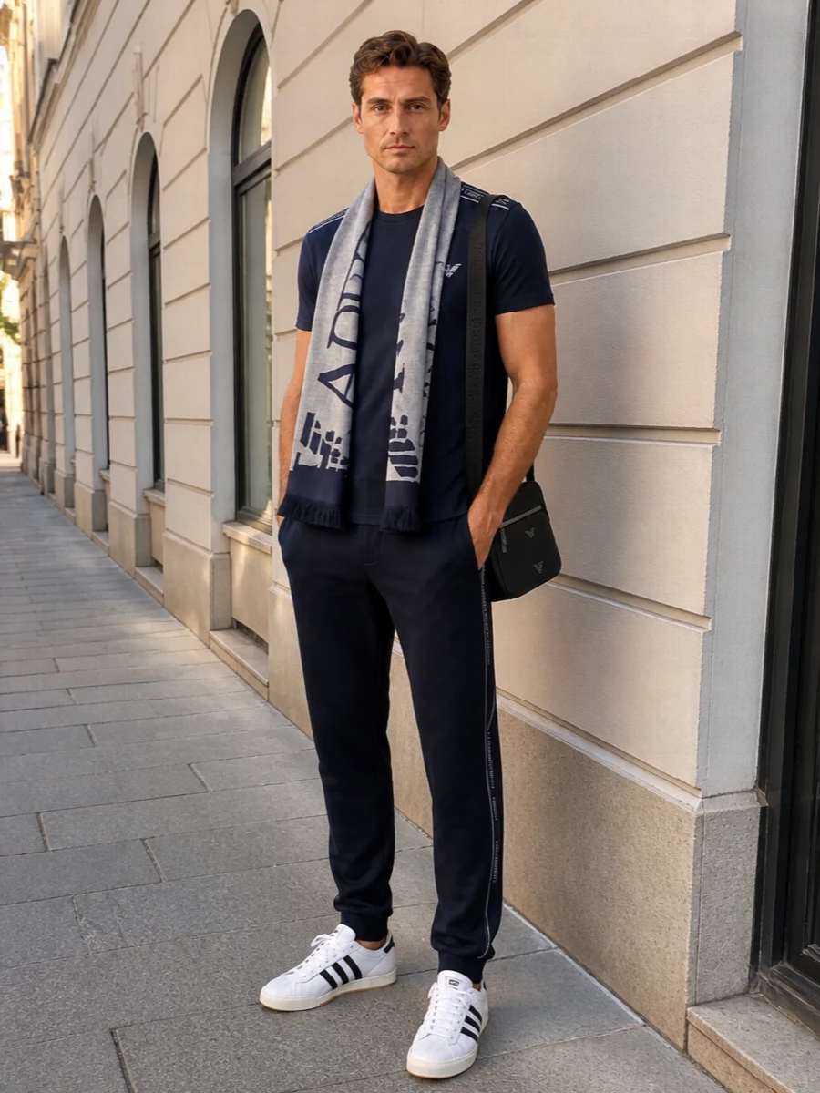 A navy logo tape tee sits with matching navy track pants for a streamlined, sport-driven base that still feels considered. White gum-sole trainers and a slim black crossbody keep the mood clean and urban, while a lightweight logo scarf adds a discreet touch of texture and warmth. It is an easy off-duty uniform that reads polished rather than gym-bound.
