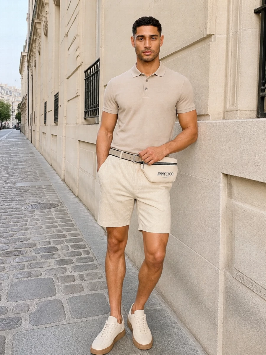 Boss beige polo sand shorts sneakers outfit