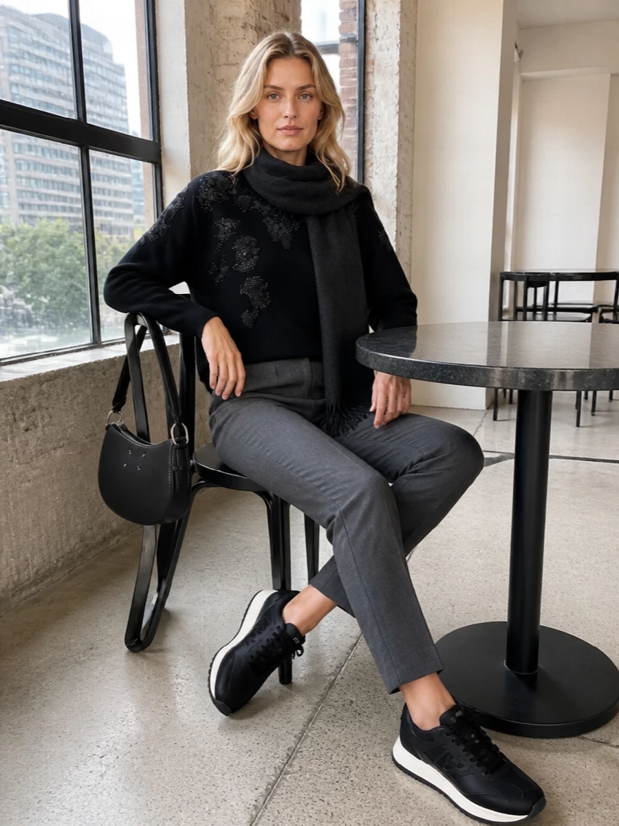 A cropped, embellished black knit sits against precise charcoal tailoring for a quiet, modern take on off-duty city polish. Streamlined black runners keep the mood relaxed yet refined, while a sculptural black shoulder bag and charcoal scarf add discreet structure and softness. The result is a monochrome, quietly luxurious ensemble suited to coffee meetings, gallery afternoons, or low-key dinners.