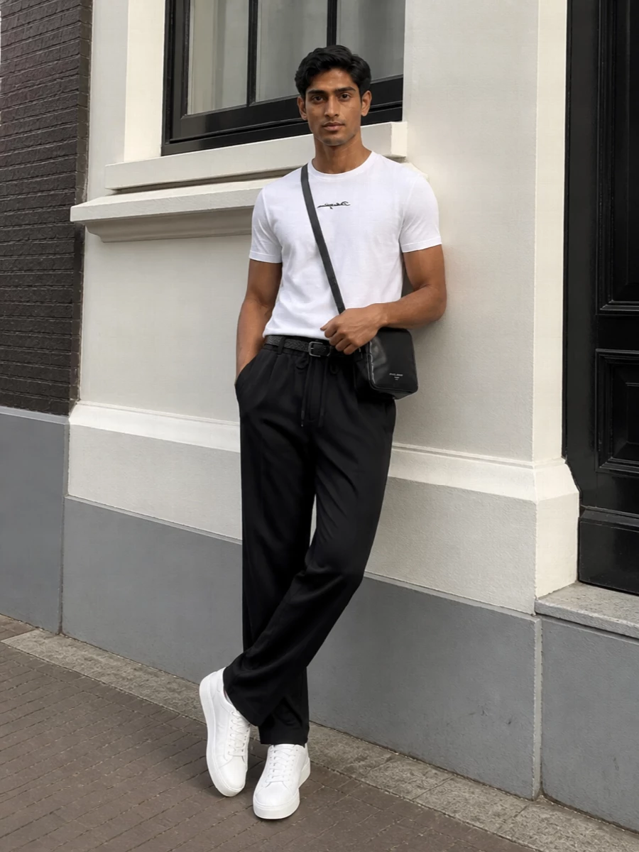 Dolce gabbana black trouser white sneaker outfit