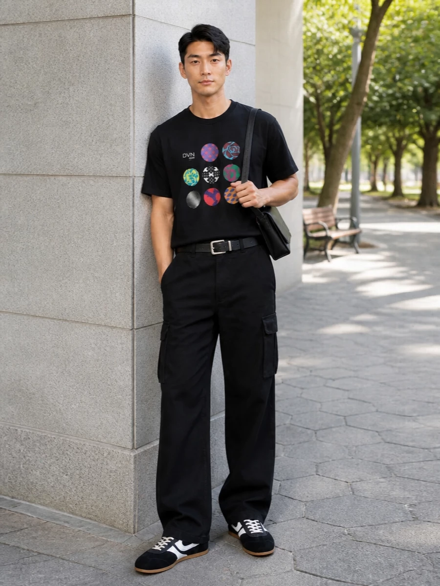 Dries graphic tshirt black cargo pants sneakers