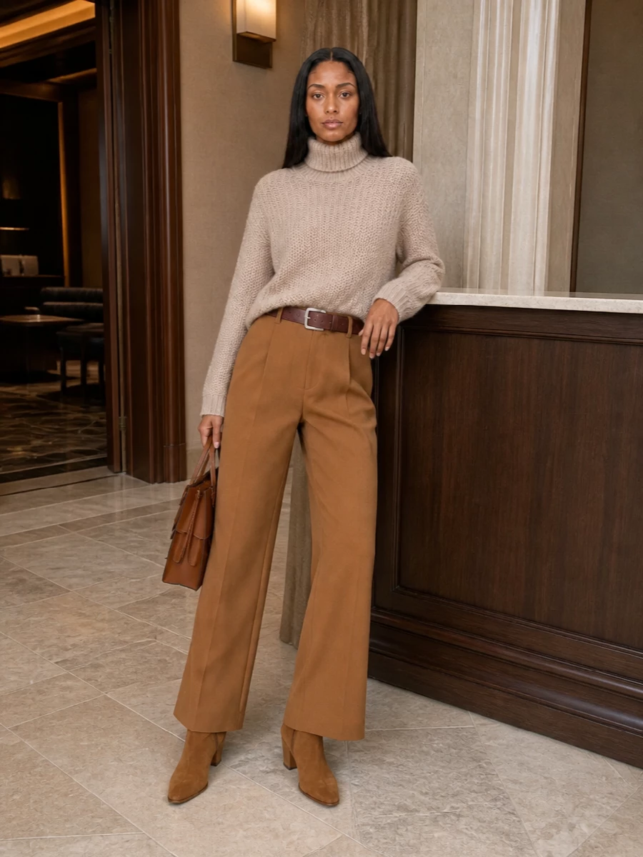 Herno camel trousers chunky knit suede boots