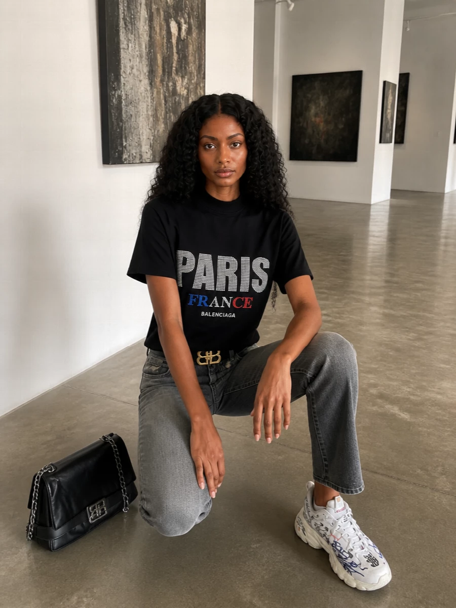 A crystal-logo mock-neck tee drops over distressed grey denim for a grunge-leaning take on city souvenir dressing. Scribble-print runners pull in the cobalt accents, while a structured black shoulder bag and slim BB belt give just enough polish for late dinners after a day in the streets.