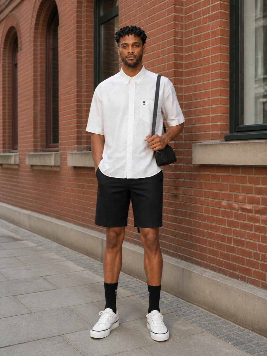A crisp white Ami shirt and black tailored shorts create a graphic, minimal base that feels smart without tipping into formality. Off-white canvas sneakers keep it light and summery, while the slim black shoulder bag and matching socks add a discreet, logo-echoing polish. It is an easy, city-ready uniform that reads quietly refined from coffee runs to low-key dinners.