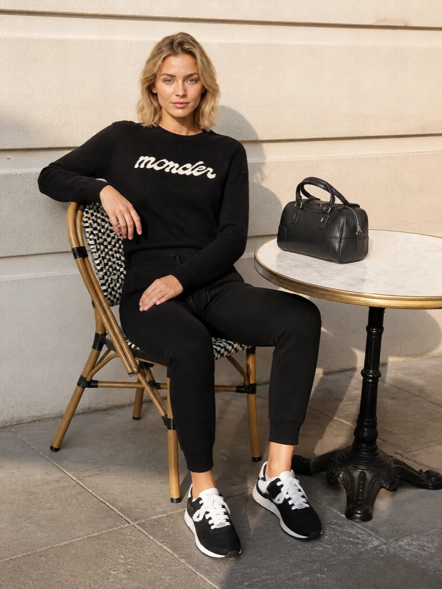 A black-and-cream Moncler knit meets slim S Max Mara joggers for a monochrome take on off-duty sport with a quietly refined edge. Roger Vivier sneakers keep the energy athletic yet polished, while the Loewe mini duffle sharpens everything just enough for coffee runs, flights or easy city days. The result is chalet-to-street comfort that still reads considered and high end.