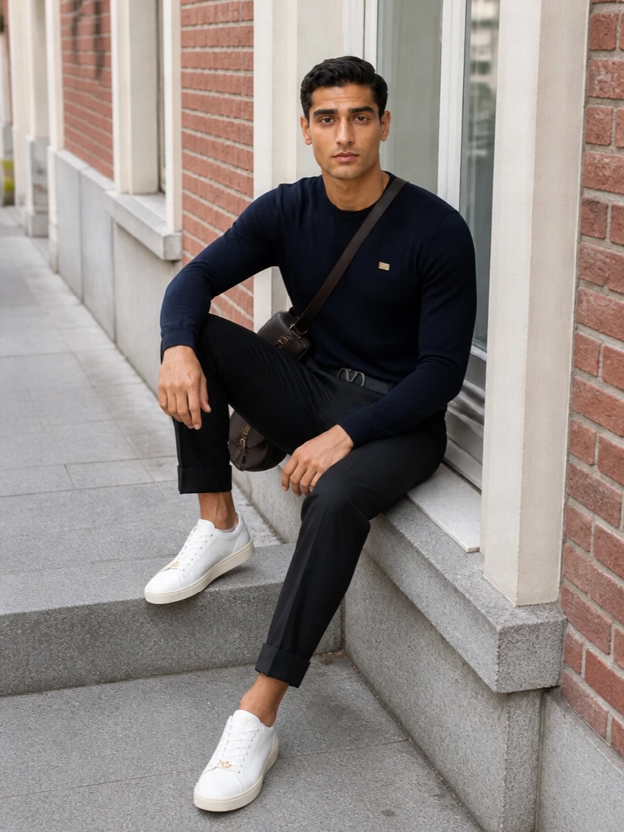 Valentino navy sweater charcoal trousers white sneakers