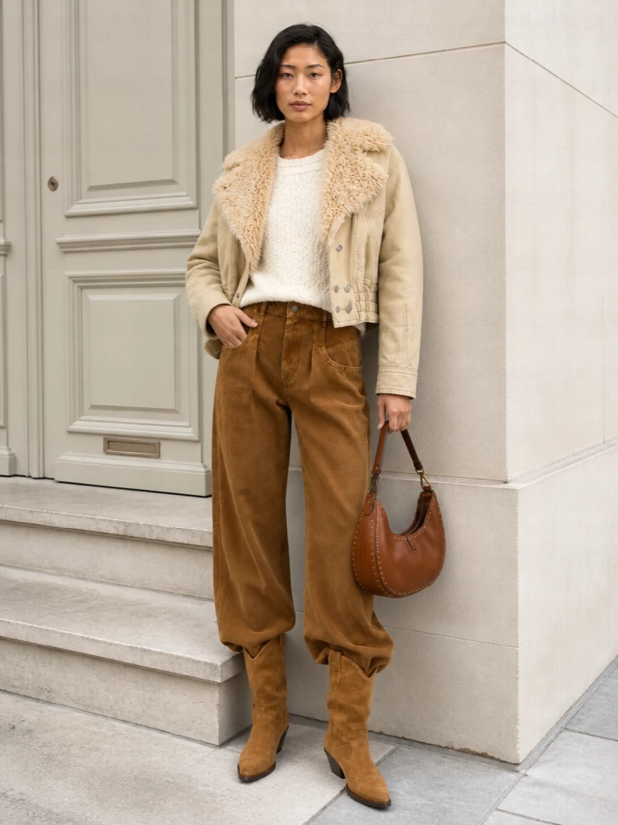 Isabel marant shearling jacket wide leg jeans outfit
