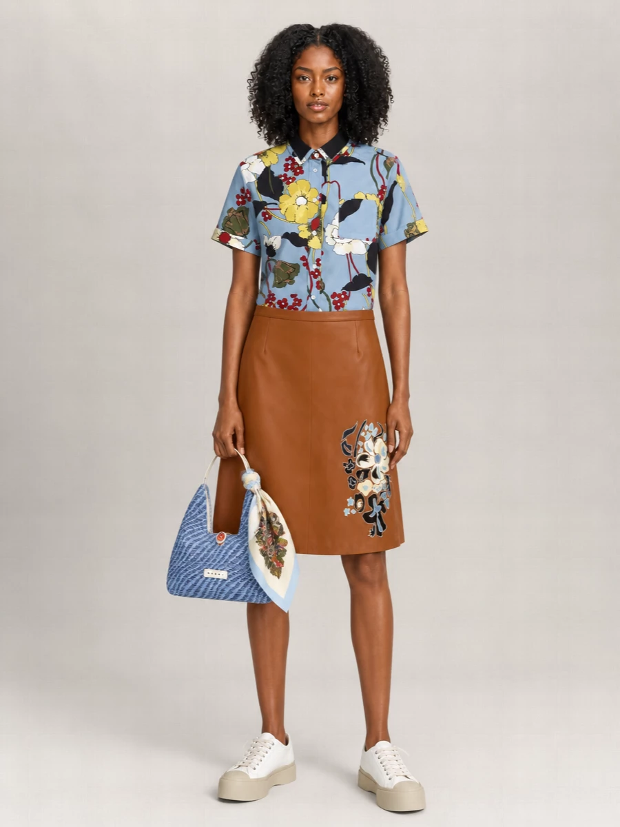 Marni Cotton Cropped Floral-Print Short-Sleeve Shirt