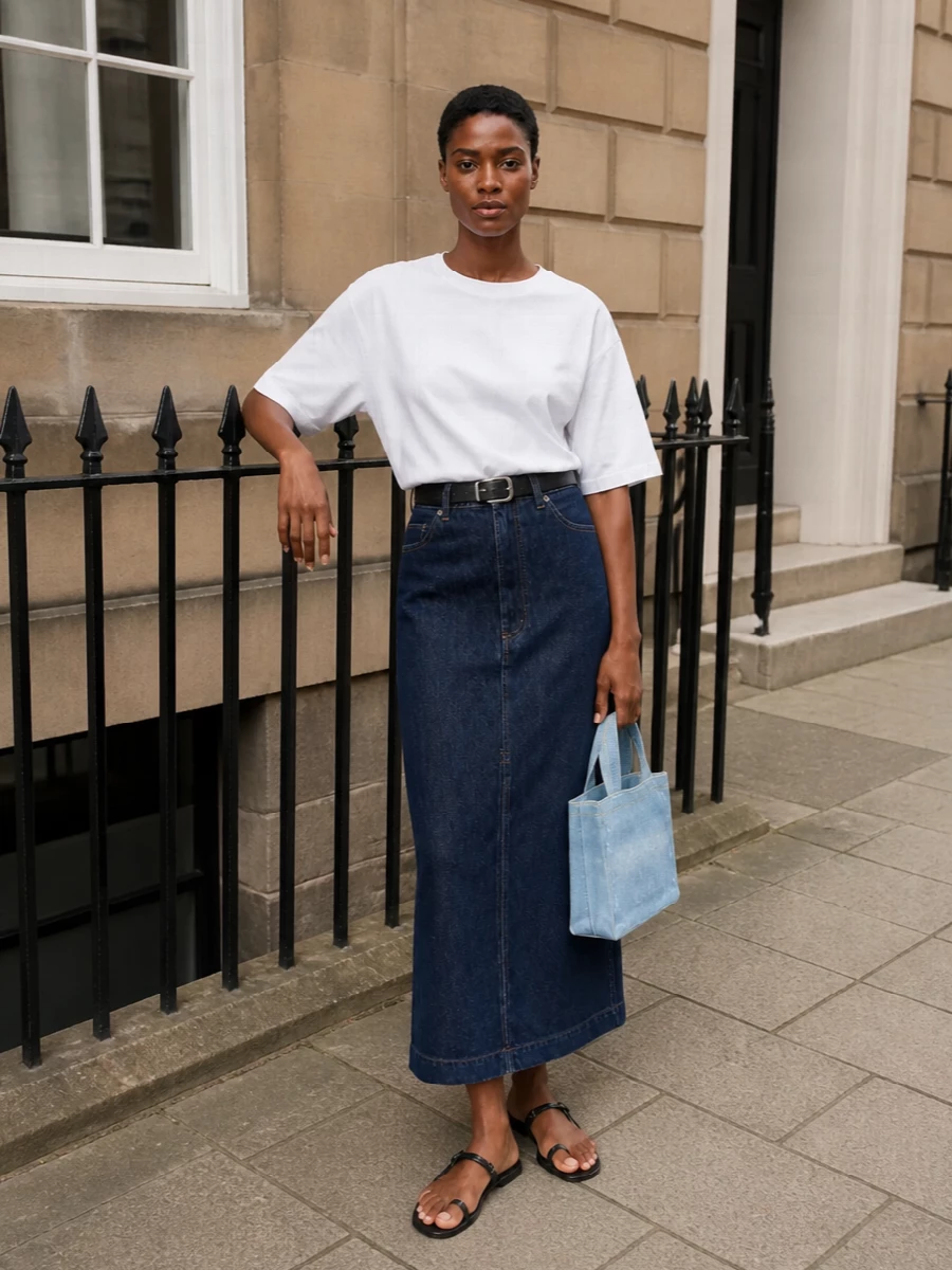 Darkpark denim maxi skirt white tee outfit